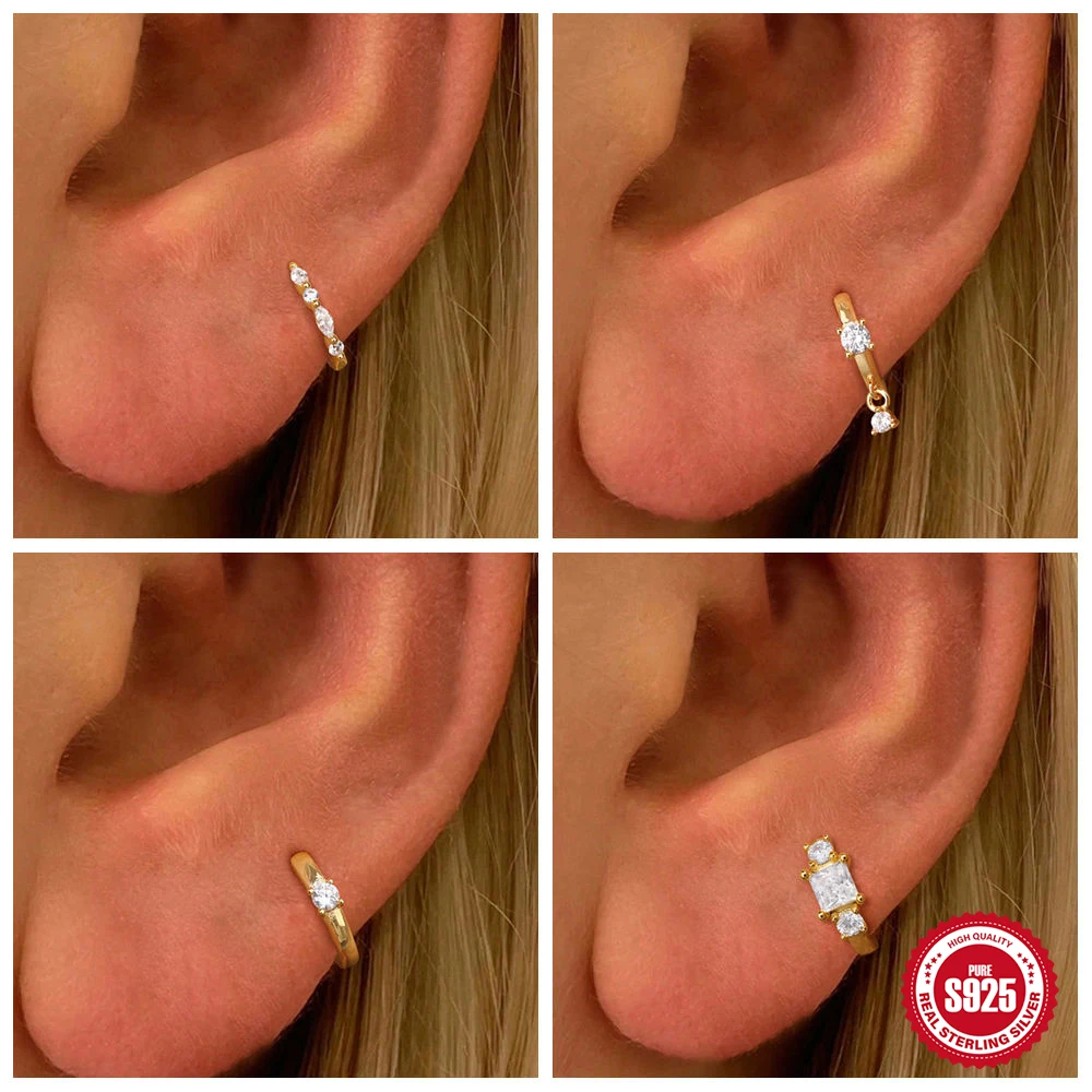 ROXI géométrique brillant Zircon breloque 925 en argent Sterling pleine oreille délicate Piercing boucle d'oreille pour les femmes cerceau boucle d'oreille bijoux fins