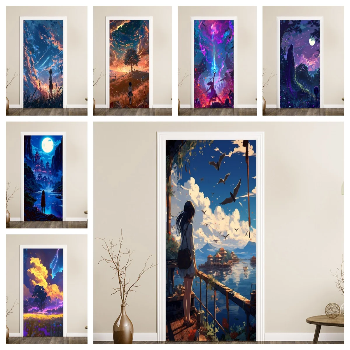 Magical Magical Anime Art Door Cover Sticker, Fantasy Couple Sunset Cave Temple Print PVC Door Decal for Bedroom Game Room Home Decor - Aliexpress Deal