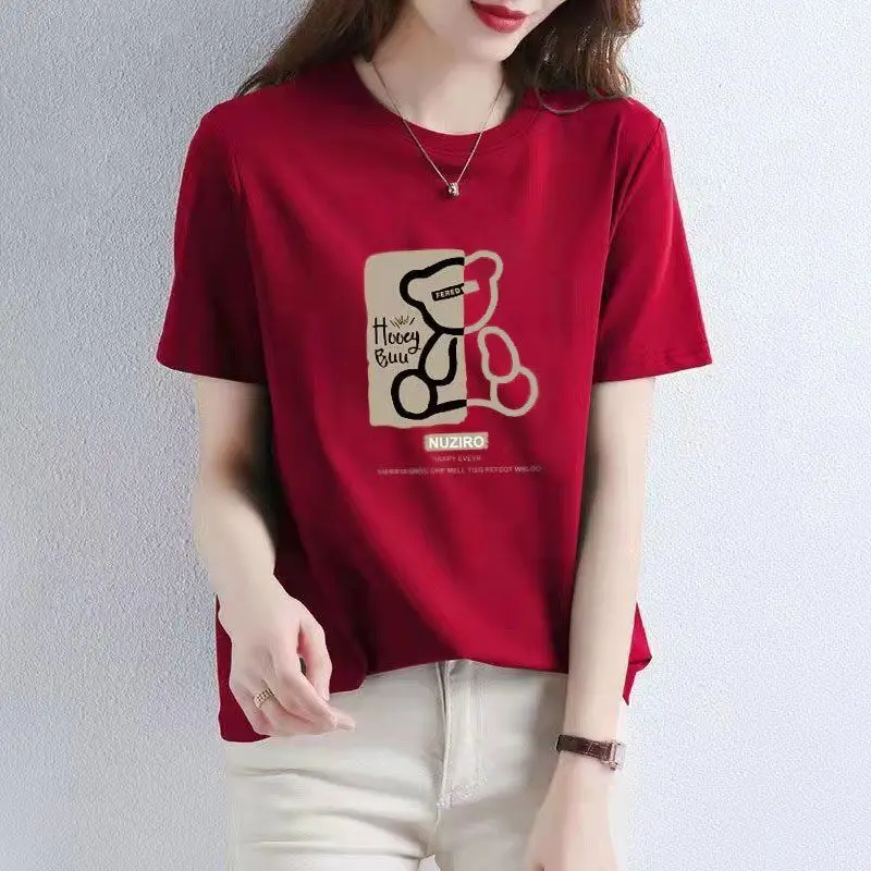 Summer Cotton Painting Bears T-shirt Women New O-collar Short Sleeve Loose Casual Letter High Quality Ventilate Lady Top