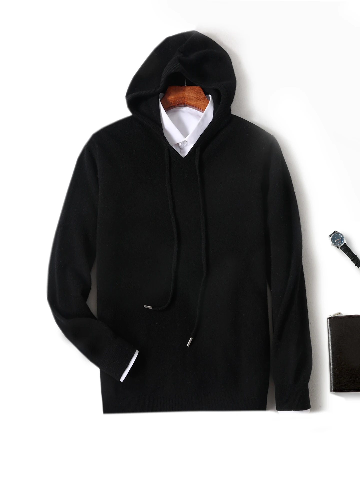 Suéter clásico con capucha para hombre, Jersey de punto de lana merina de 100%, ropa de manga larga, Tops, abrigos gruesos informales, Otoño e Invierno