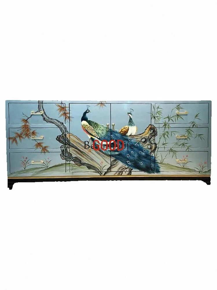 New Chinese Style Entrance Cabinet Painted Peacock Open Screen Partition Curio Cabinet