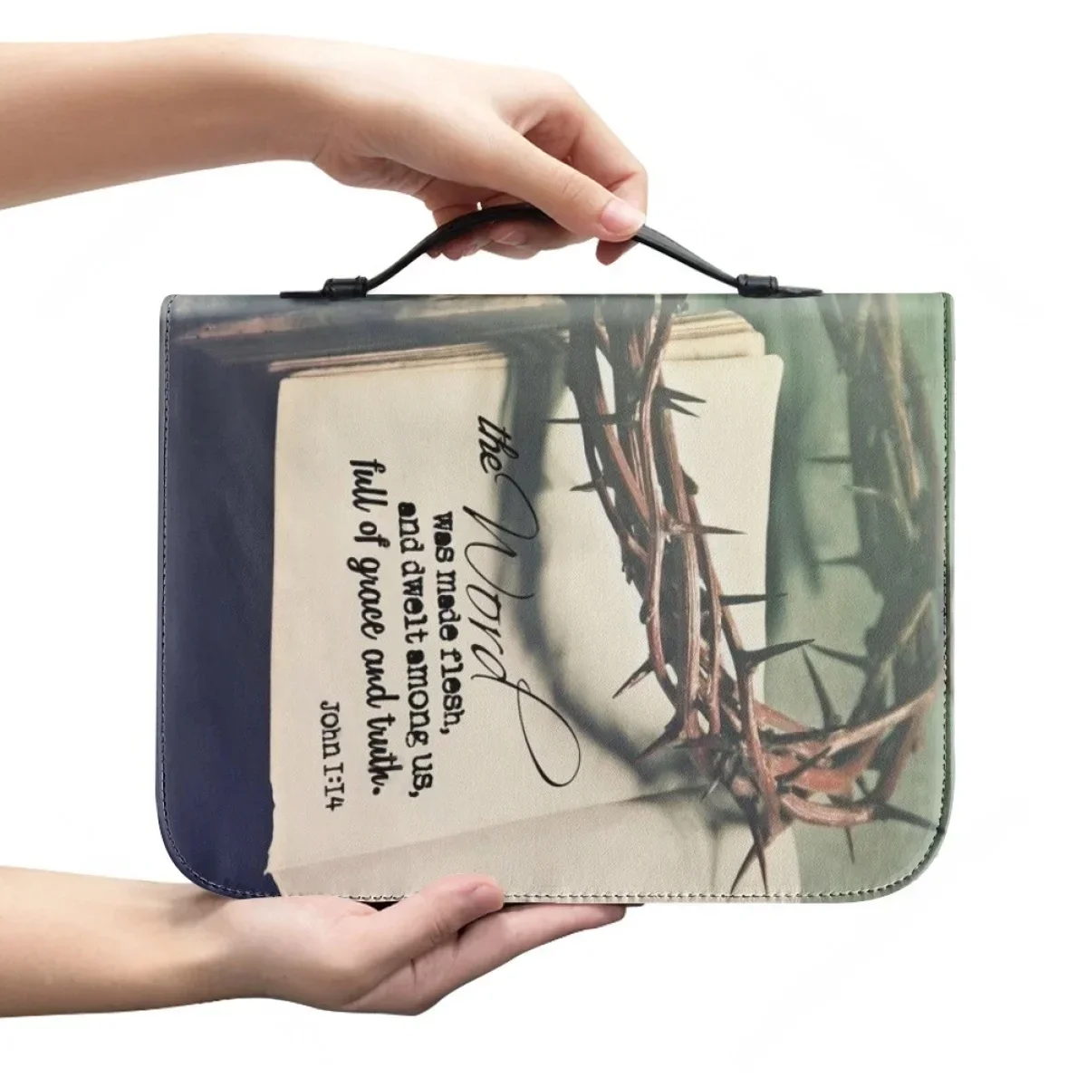 Women's Christian Bags Classic Bible Hymn Excerpt Print Bible Cover Case for Ladies PU Zippered Handle Handbag Paquete Bíblico