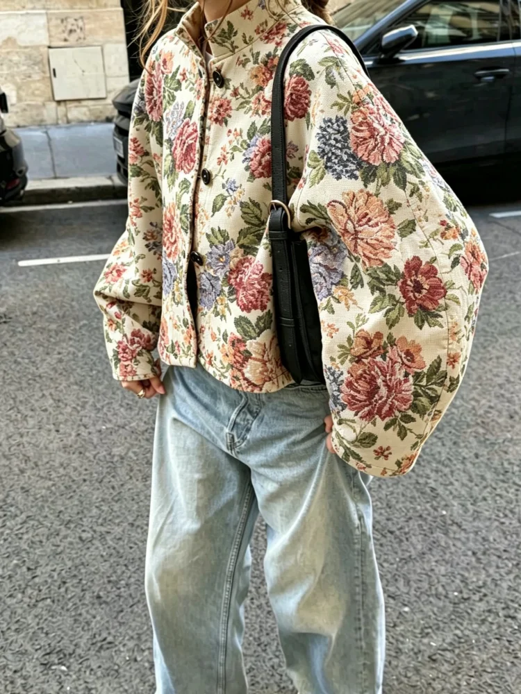 Women Floral Jacquard Cropped Bomber Jacket Stand Collar Oversized Long Sleeve Tapestry Coat Vintage Lady Autumn Casual Outfit