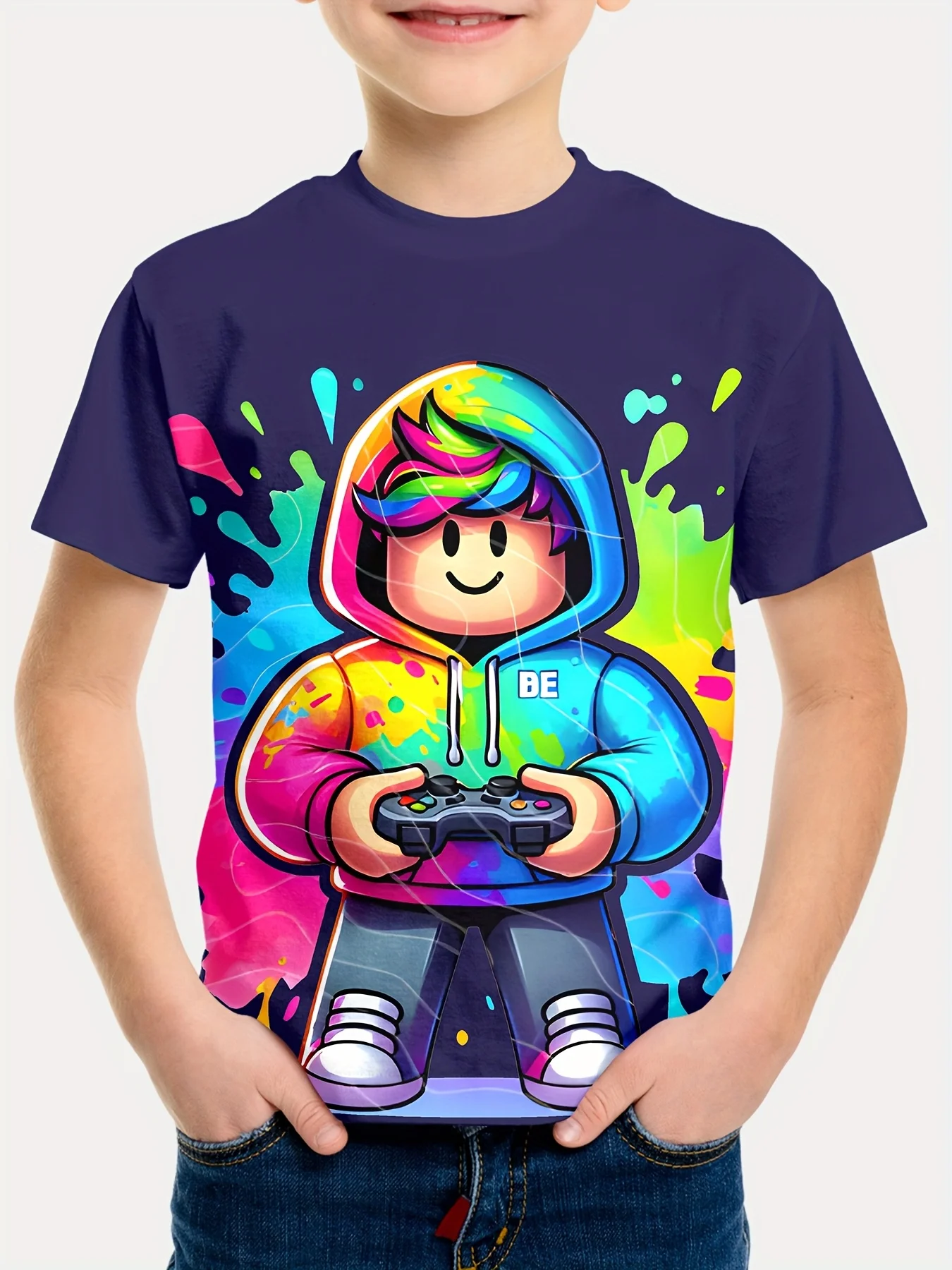 Boys Cartoon Gamer Character Printed T‑Shirt, Children Vibrant Splash‑Paint Game Player Pattern Short‑Sleeve Casual Daily Tee