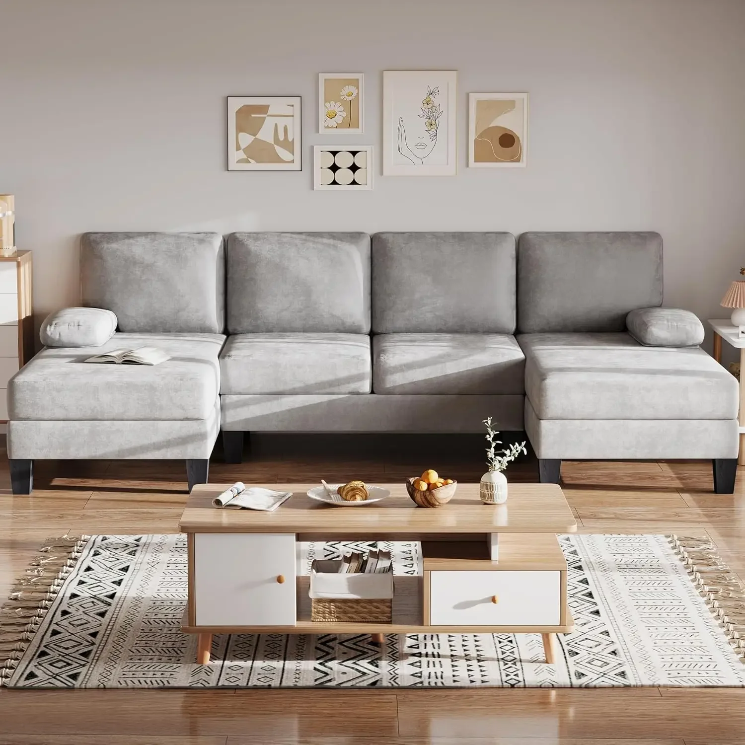 أرائك مقطعية لغرفة المعيشة، أريكة وحدات على شكل حرف U مع وسادة وقماش شانيل، مجموعات أثاث مريحة بأربعة مقاعد #1