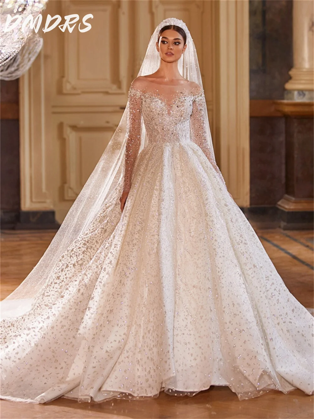 

Stately Long Sleeve Wedding Dresses Glamorous Off-shoulder Bridal Gowns Classic Beaded Floor-Length Wedding Gowns Vestidos De