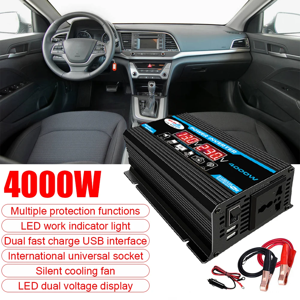 LCD Display Car Power Inverter Converter Charger 4000W 12V to 220V/110V Dual USB Voltage Transformer Modified