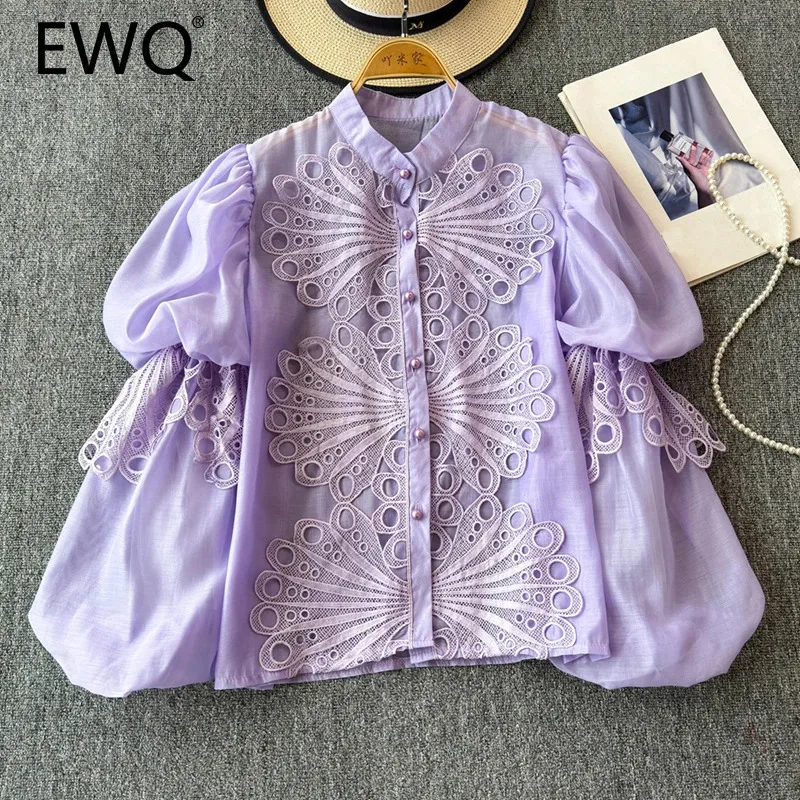 EWQ Fashion Embroidery Hollowed Out Lace Spliced Shirt For Women Versatile Stand Collar Long Sleeve Clothing 2024 New 27X815