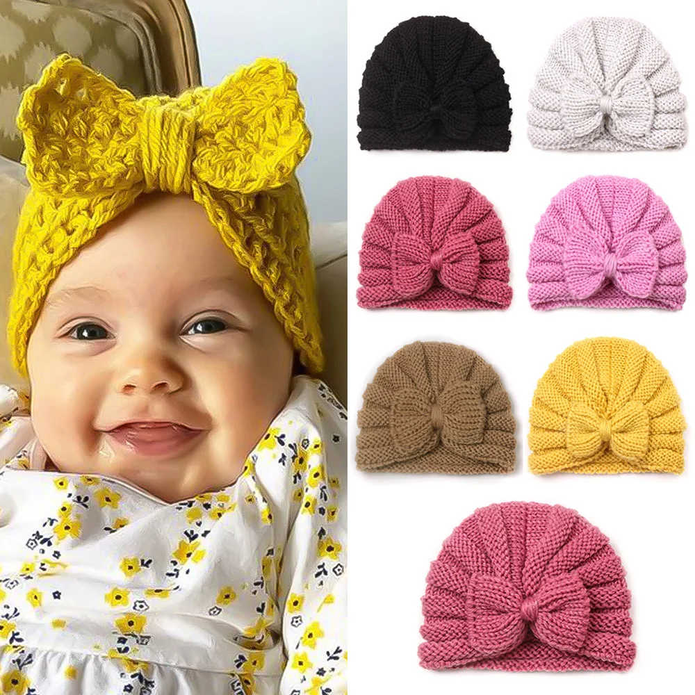 Bow Knit Baby Hat For Girls Boys Elastic Newborn Bonnet Autumn Winter Warm Turban Hats Solid Color Woolen Cap Kids Accessories