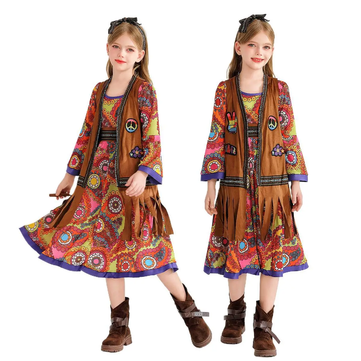 

Halloween Children's Costumes Cute And Funny Retro Hong Kong Style Hippie Kids' Dress-up Clothes Performance Outfits One-piece