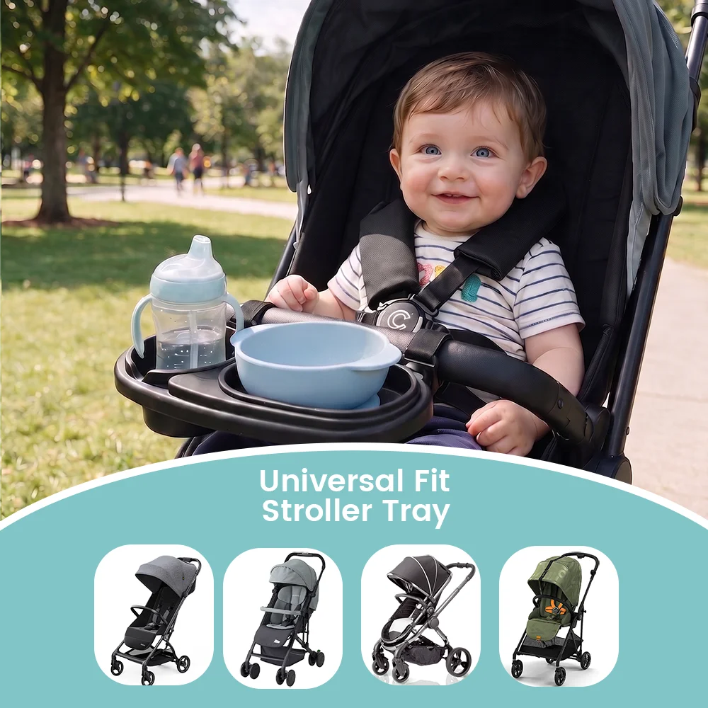 1pc Universal Stroller Organizer Tray with Cup Holder, Adjustable Velcro Mount Multi‑Compartment Storage Rack, Easy‑Install Baby