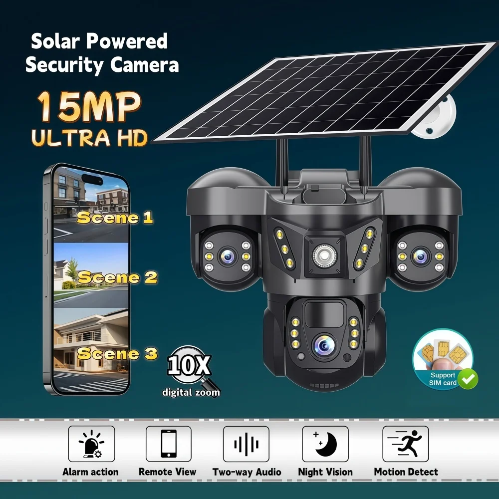 15MP Solar Camera 4G LTE Outdoor 3 Lenses 3 Screens PIR Body Detection Camera Waterproof Night Vision CCTV Security  IP Camera