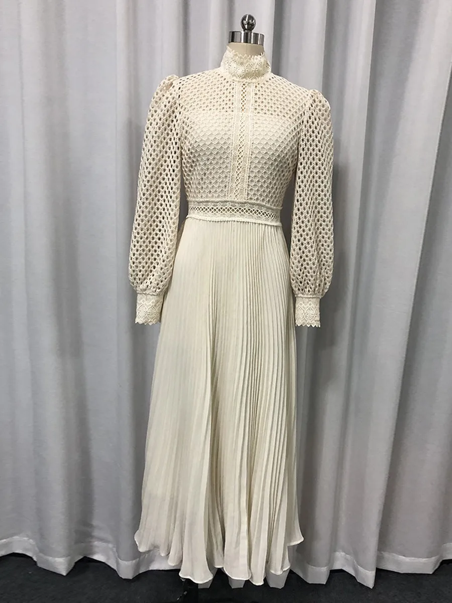 TWOTWINSTYLE Solid Hollow Out Spliced Embroidery Elegant Dresses for Women High Neck Long Sleeves Tunic Casual Dress Female New