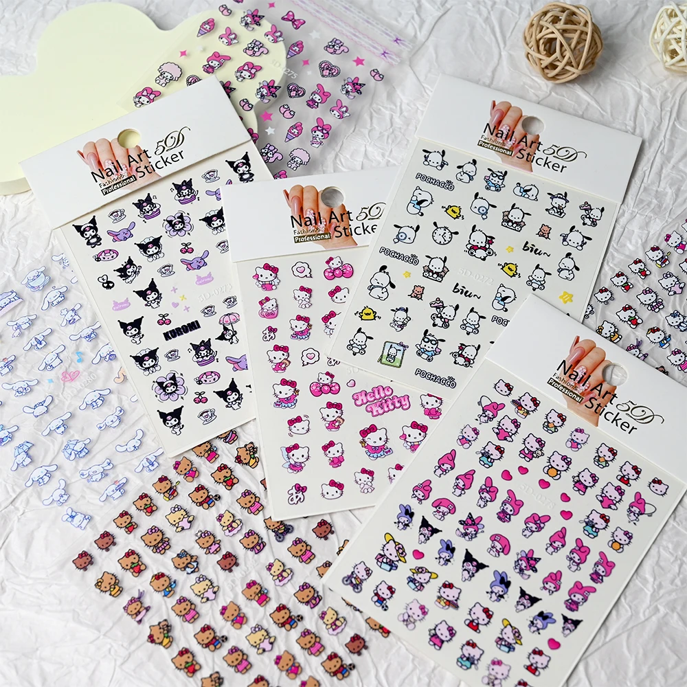 1pcs Black Skin Hello Kitty Kawaii Nail Art Stickers 5D Hawaii Vacation Style Fashion Cartoon Japanese Anime Nail Decals Sticker