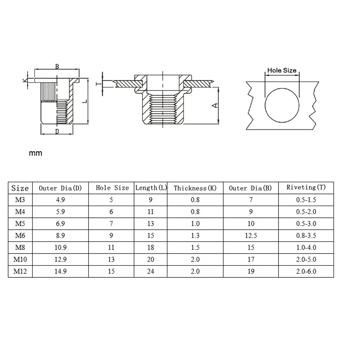 50/100pcs Aluminum Alloy Rivnut Alloy Rivnut Flat Head Threaded Rivet Insert Nutsert Cap Rivet Nut M3 M4 M5 M6 M8 M10 M12