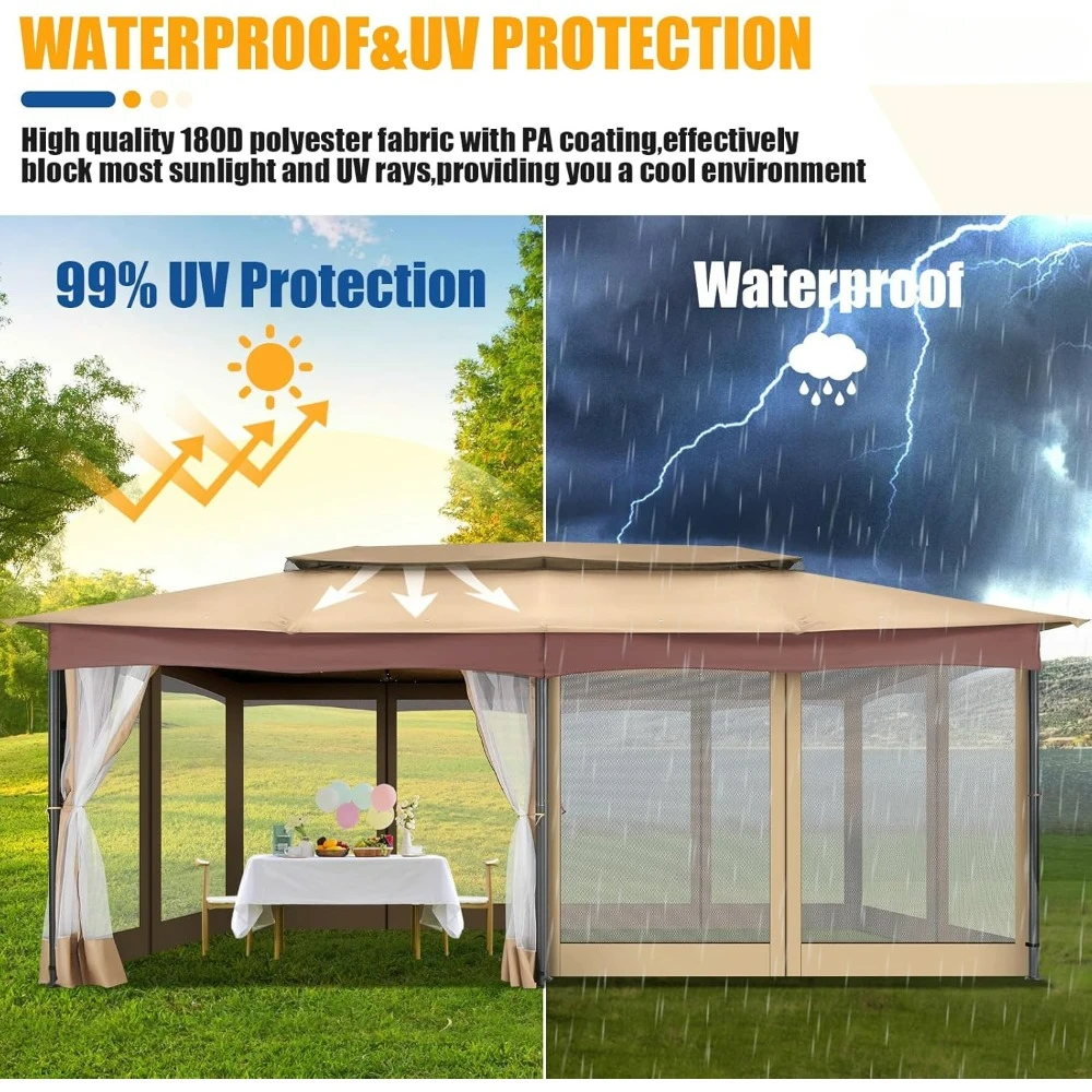 Gazebo 12x20, gazebo externo em folga com telhado plano duplo ventilado, cortinas de privacidade e mosquiteiro, barraca de dossel