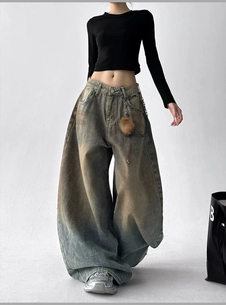 Y2K Vintage Jeans Herbst Winter Distressed Spray Washed Lose Gerade Bein Breite Bein Hosen Mode