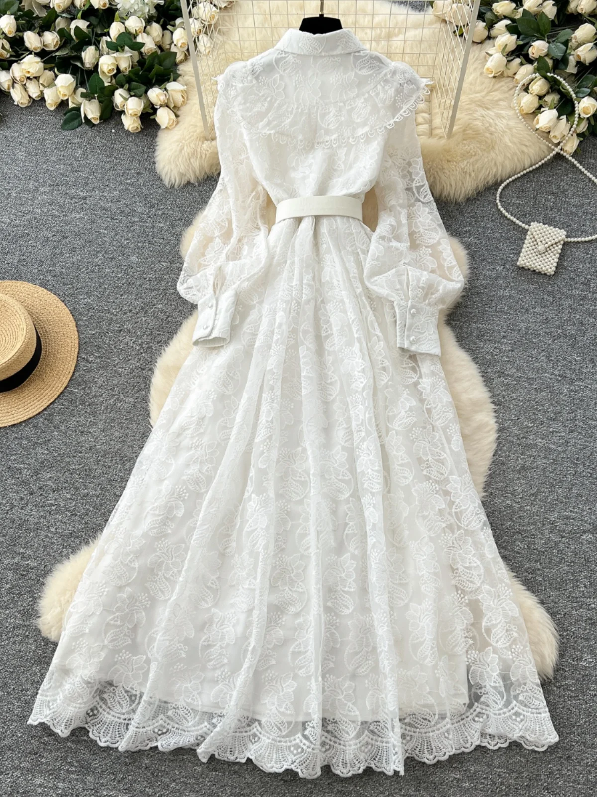 Długa spódnica damska z szyfonu z haftem, z wysokim stanem, w kształcie litery A, w stylu koreańskim, idealna do pracy, na wiosnę.