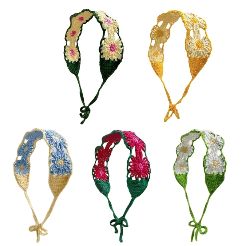 Flower Head Scarf Turban Hairband Women Ethnic Crochet Head Covering Spring Bandanas Flower Headscarf Hollowout Hairband