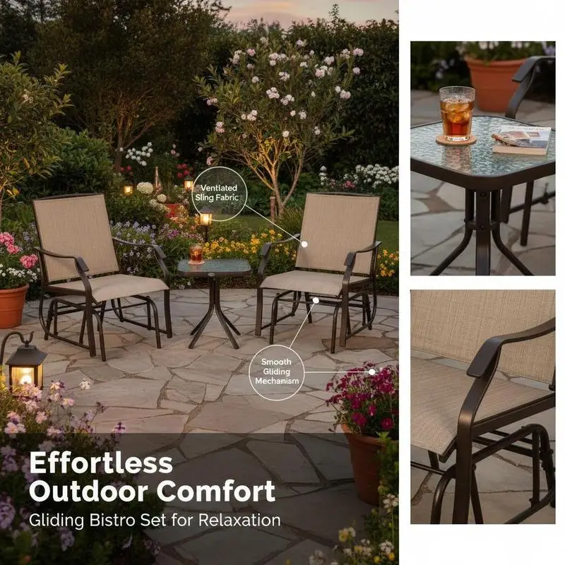 3 Piece Outdoor Glider Chair with Coffee Table Bistro Set, 2 Patio Rocking Swing Chairs with Breathable Sling Fabric, Glass Tabletop, for Backyard, Garden and Porch, Mixed Brown