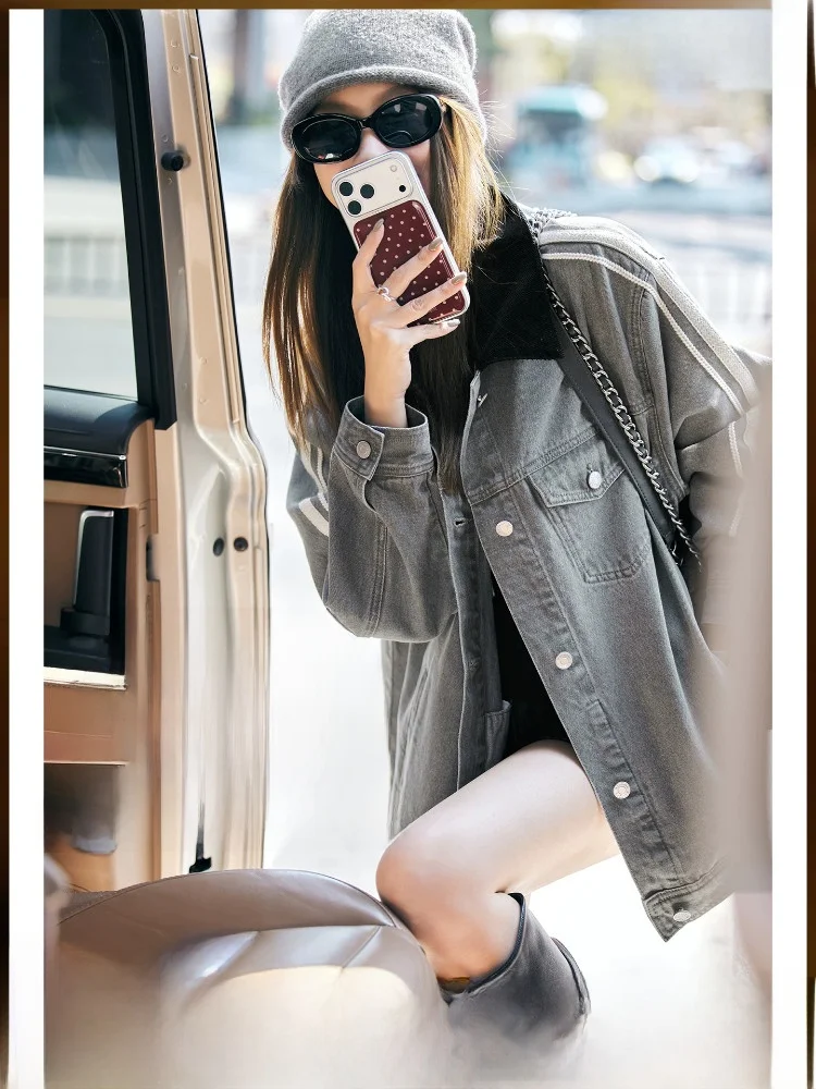 

MeiYang Denim Jacket with Contrast Color Splicing And Stand Collar for Women Cotton Casual Long Sleeve Spring Outerwear