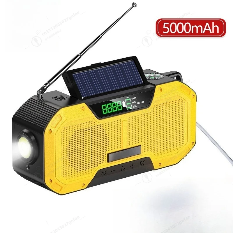 Emergency Solar Hand Crank Radio, 5000mAh Power Bank with Flashlight & Compass, Portable AM/FM/NOAA Weather Radio