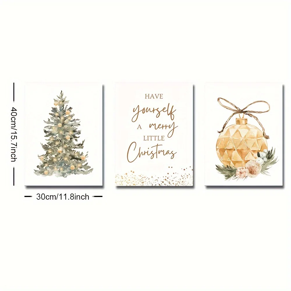 3pcs Rustic Christmas Canvas Art Print Set - Vintage Watercolor Style with Golden Ornaments and Happy Quotes, Frameless Holid