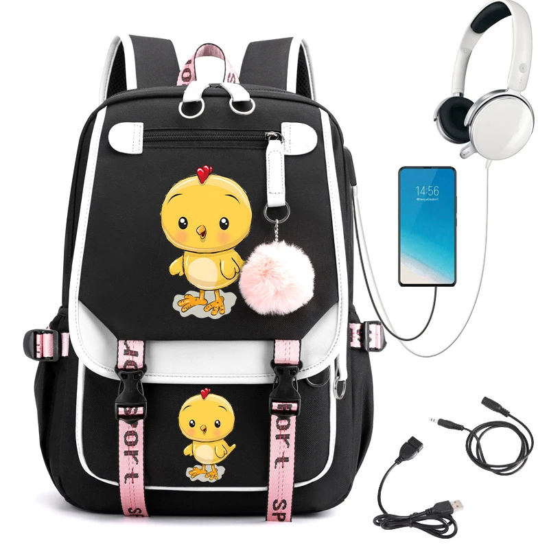 Lindas mochilas escolares con estampado de pollo para estudiantes, mochila de dibujos animados de Anime para adolescentes, mochila escolar para regreso a la escuela, mochila Usb