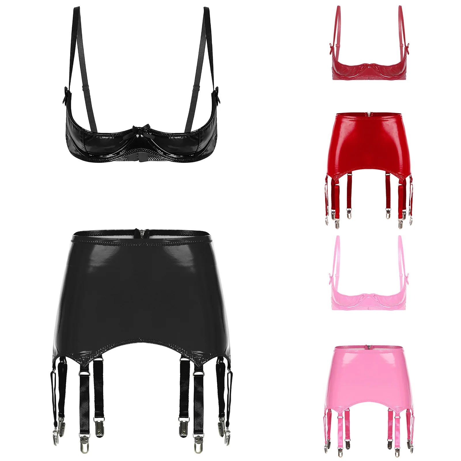 

Women Wet Look Patent Leather Clubwear Lingerie Nightwear Bra Top with Garter Clips Bottoms for Rave Party Nightclub Couple Game