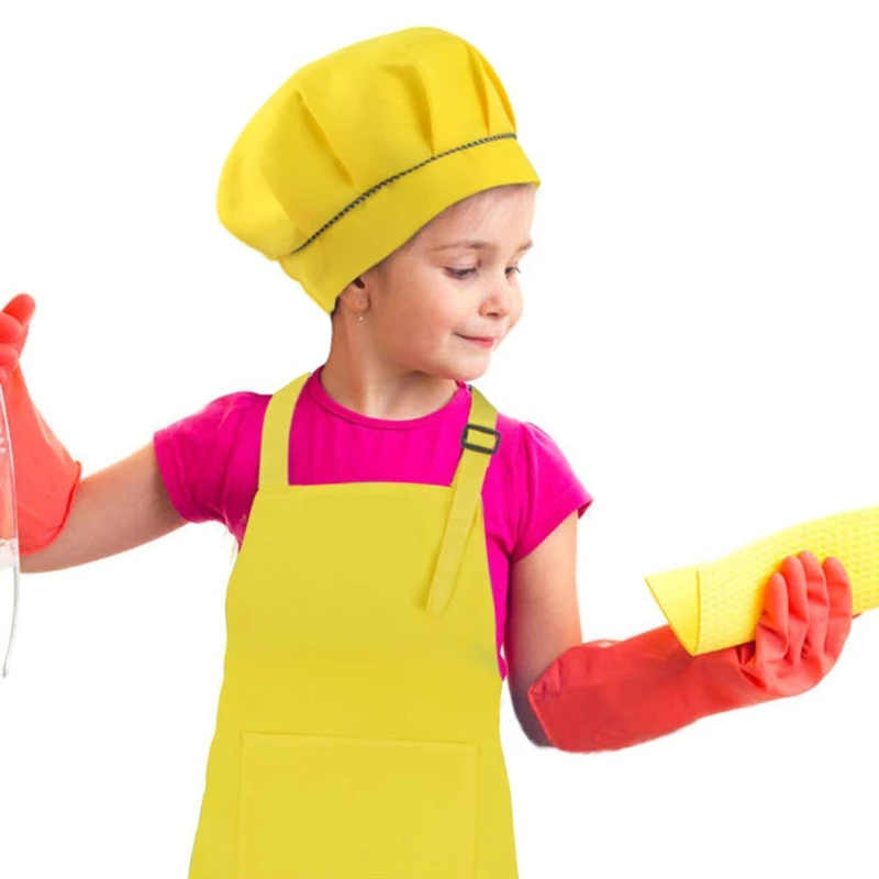 Kids Solid Color Adjustable Apron and Mushroom Hat Set Children Kitchen Chef Costume for Cooking Baking Painting Drop Shipping