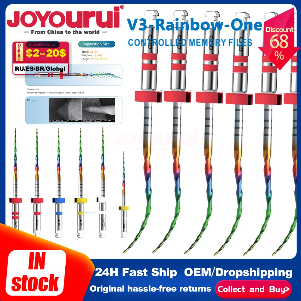 Lot de 6 Fils de Canaux Radiculaires Rotatifs Arc-en-ciel en NiTi, Activés par la Chaleur, de Haute Qualité, pour Moteur Dentaire Endodontie 1504 #