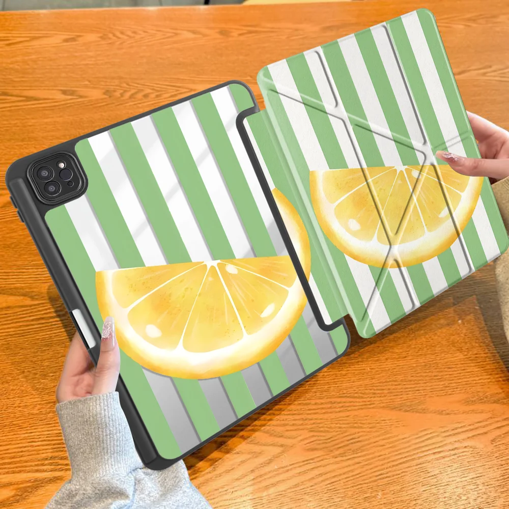 Green Stripe Lemon Print Tablet Case For iPad Mini 7 6 5 9th 12th 11th 10th Gen Pro M4 13 2025 2026 Air 8 M2 M3 3 With Pen Slot