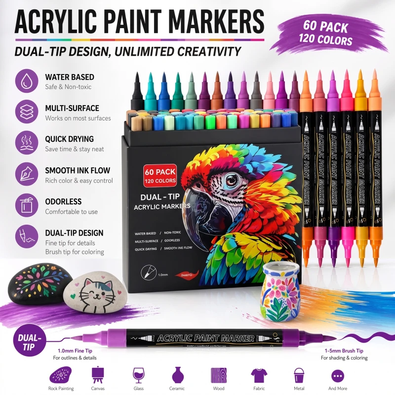 Acrylic Markers Brush Tip Paint Marker 24-120 Colors Acrylic Paint Pen for Rock Canvas Wood Ceramic Adult Coloring DIY Crafts
