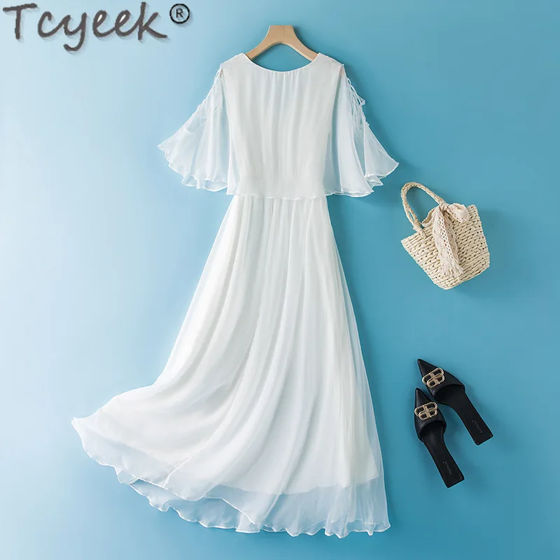 Tcyeek-Vestido De playa De seda De morera auténtica para Mujer, ropa elegante y bonita De verano, 100%