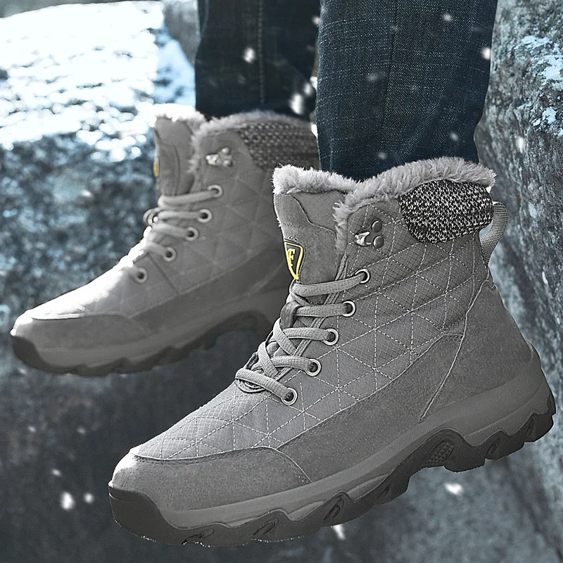 Brand Winter Men Snow Boots Fur Plush Warm Leather Men Boots Waterproof Ankle Boots Outdoor Non-Slip Hiking Boots Work Shoes