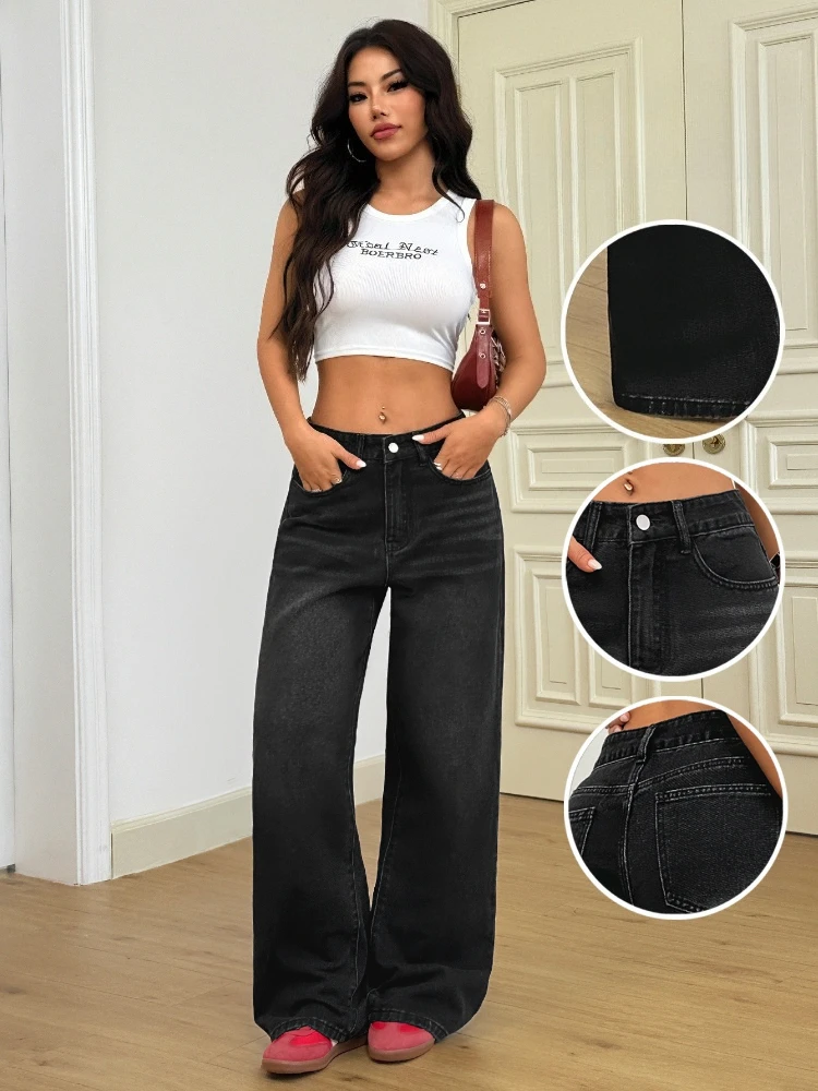 Luźne spodnie jeansowe damskie z szerokimi nogawkami, długie, w stylu vintage, z wysokim stanem, sprane, proste, czarne, baggy.