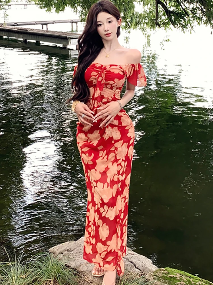 Abito lungo da donna con colletto quadrato in rete floreale rossa Abito estivo Boho elegante casual da vacanza 2025 Abito da festa coreano aderente per festival