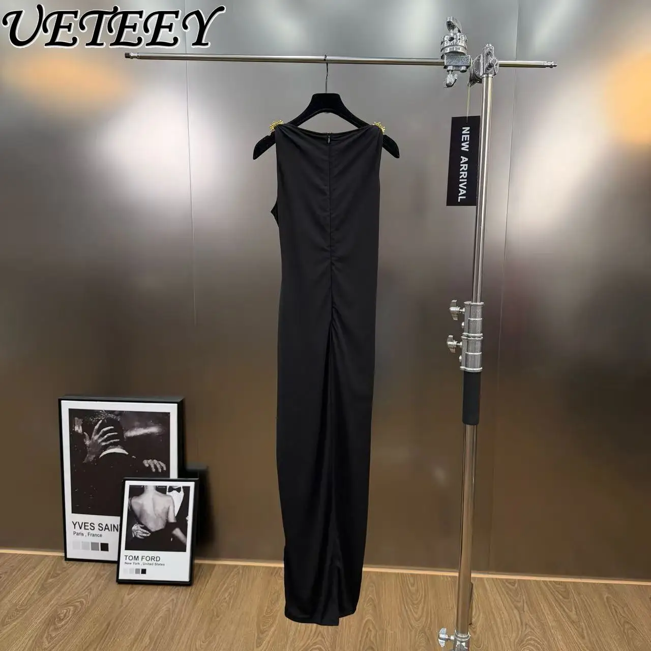 فستان ماكسي مثير بدون أكمام مكشكش أنيق للنساء خفيف فاخر بلون سادة وقصة ضيقة لحفلات الولائم فساتين طويلة بدون أكمام #3