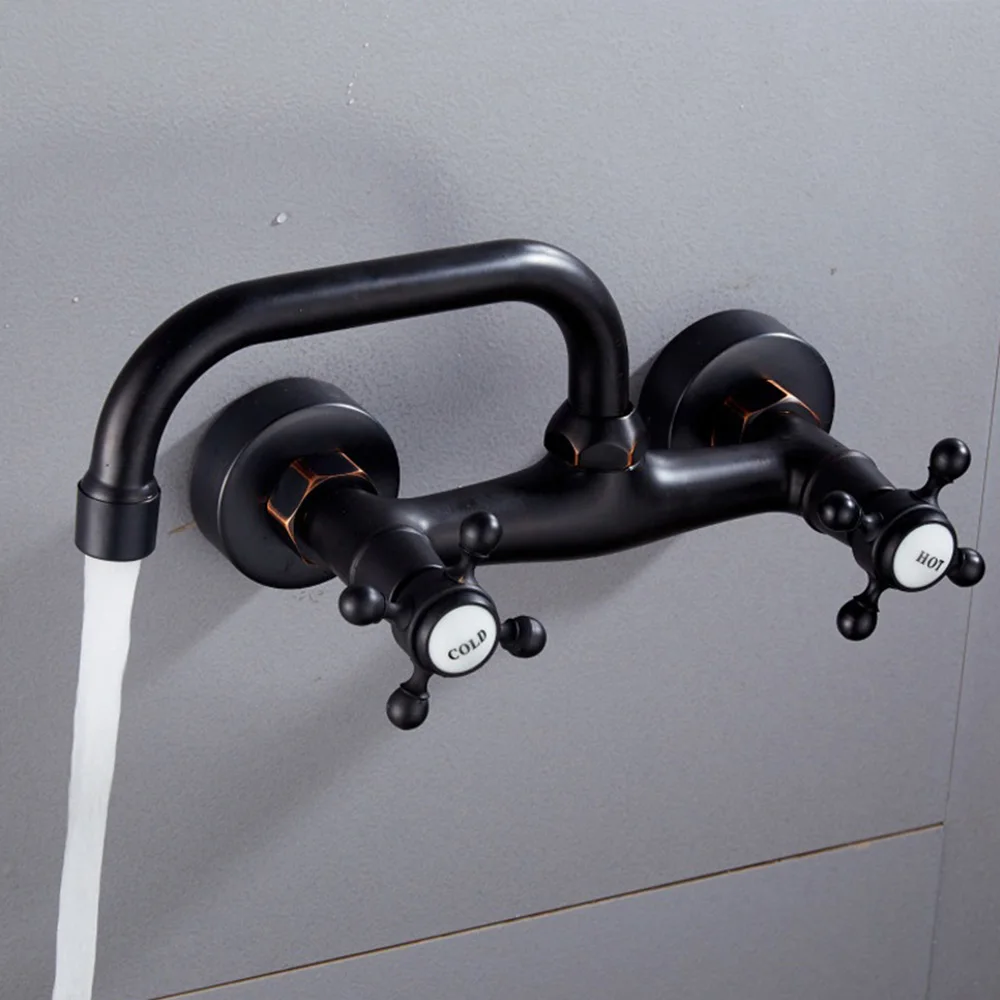 

Black bronze into the wall double hole double handle kitchen basin hot and cold water faucet rotatable basin faucet