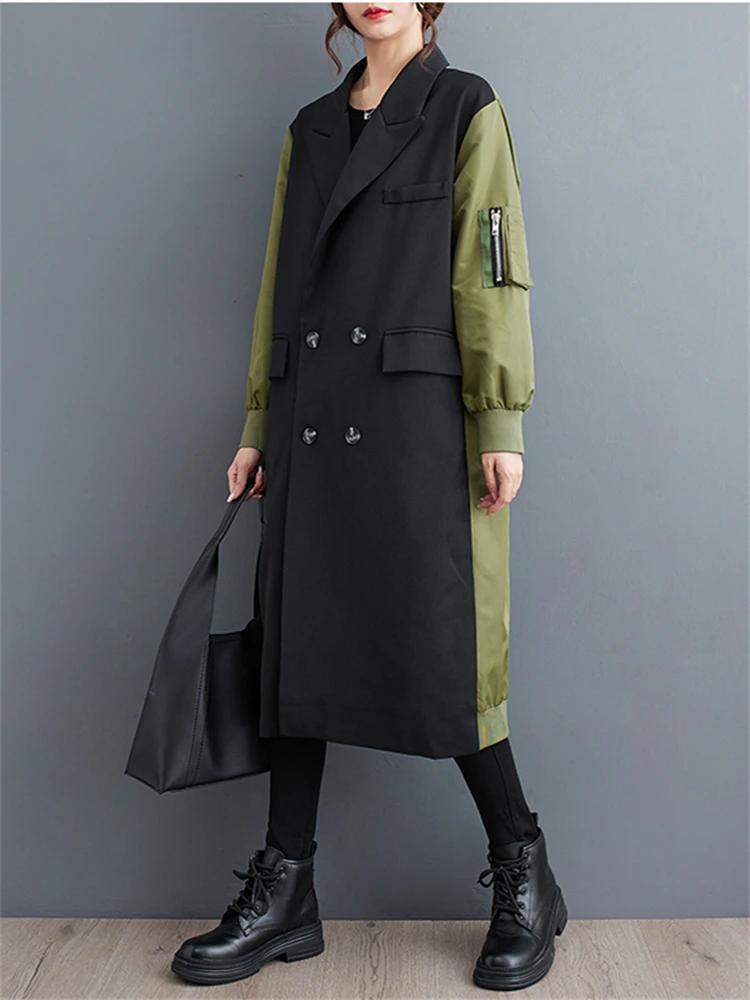 2026 Autumn Winter Oversized Turn-down Collar Trench Coat For Women Casual Loose Vintage Patchwork Fashion Outerwear Cardigan