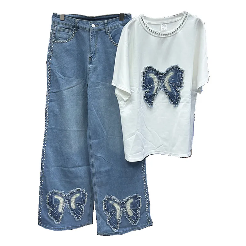 New Spring Summer Loose Women Two-piece Set Embroidery Butterfly White Short Sleeve T-shirt + Casual Wide Leg Straight Jeans view 5