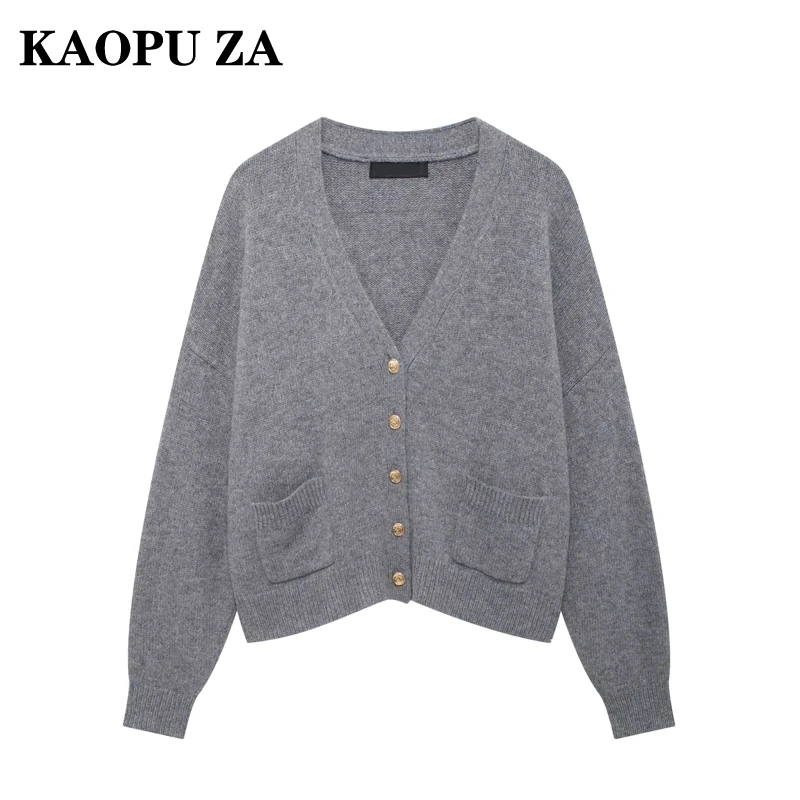 

KAOPU ZA 2024 New Autumn Woman's Casual V-Collar Cardigan Coat Female Fashion Long Sleeve Solid Color Knit Single-breasted Top