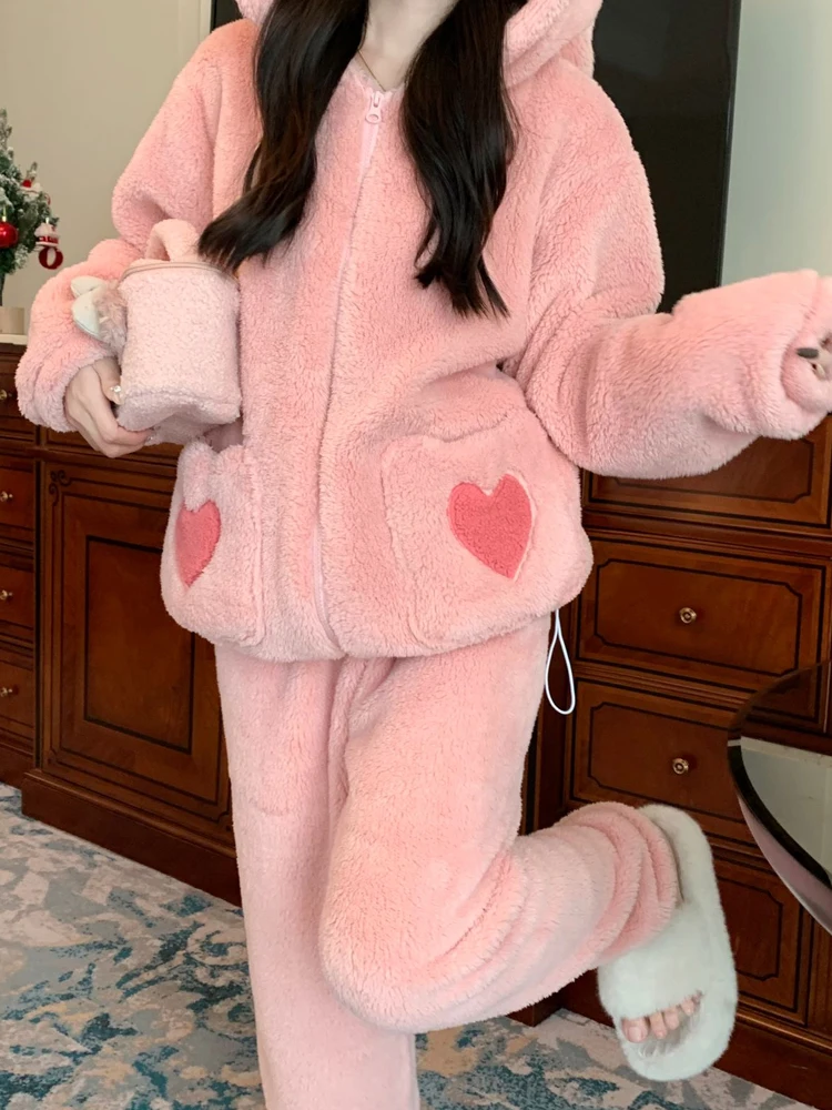 Winter Sleepwear Coral Fleece Thickening Warm Kawaii Rabbit Ear Hooded Pajama Sets Suit Sweety Pink 2 Piece Night Home Clothes