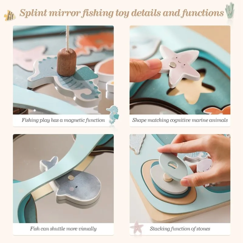 Mirror Fishing Toy Creative Ocean Seahorse Turtle Magnetic Fishing Puzzle Baby Early Educational Montessori Visual Exercise Toy