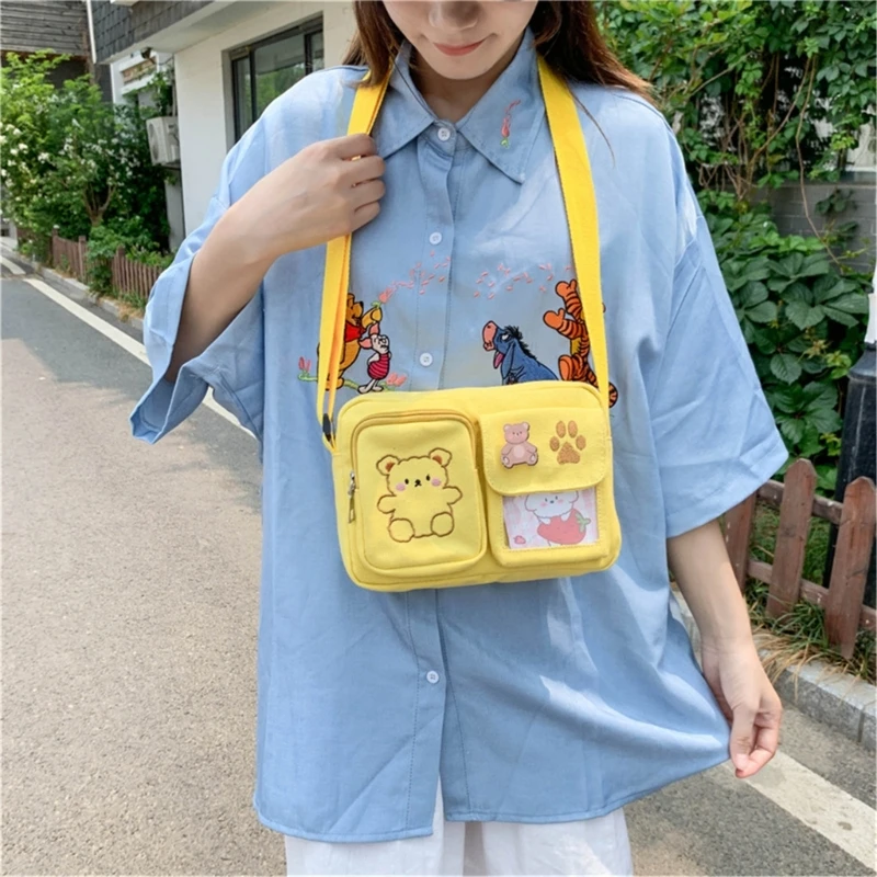 Bear Embroidery Crossbody Bag Canvas Shoulder Purse Stylish Bag Square Bag Student Bag for Teen Girls