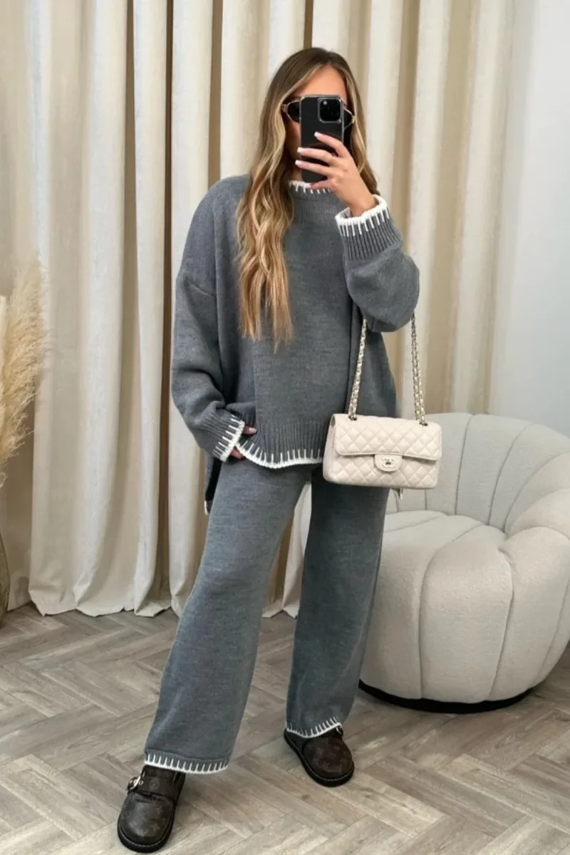 Casual Striped Loose Sweater Knitted Two Piece Set Long Sleeve Split Sweater Tops High Waist Straight Pants Lazy Warm Outfits