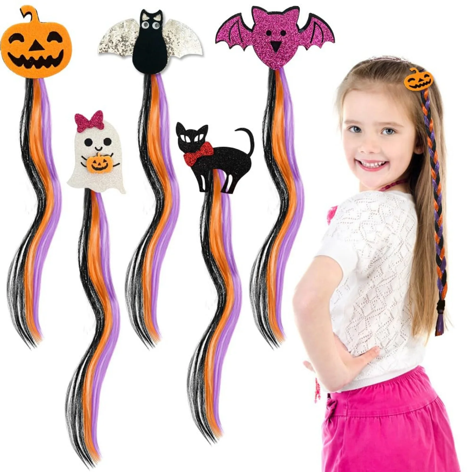 1PC Kids' Halloween Wig Hair Clips, 5 - Piece Set with Pumpkin, Bat, Ghost, Cat, Colorful Hair Extensions