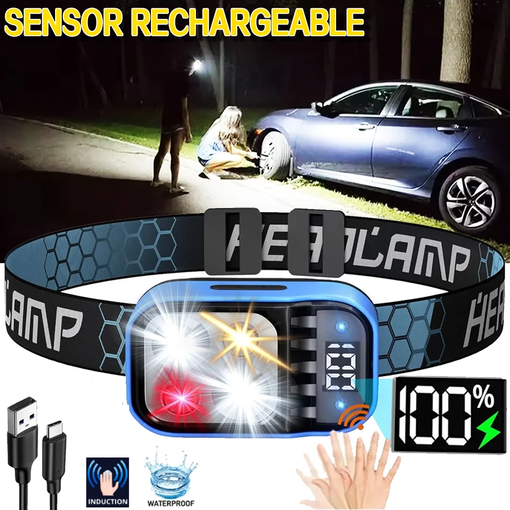 

High Power LED Sensor Headlamp Tyep-C Rechargeable Headlight Emergency 18650 Battery Head Torch Flashlight for Fishing Hunting