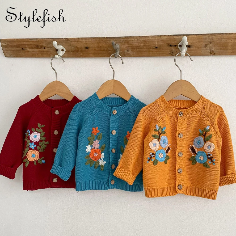 

Spring new baby clothes girls' knitwear sweater hand embroidered flower coat baby jacket cotton cardigan