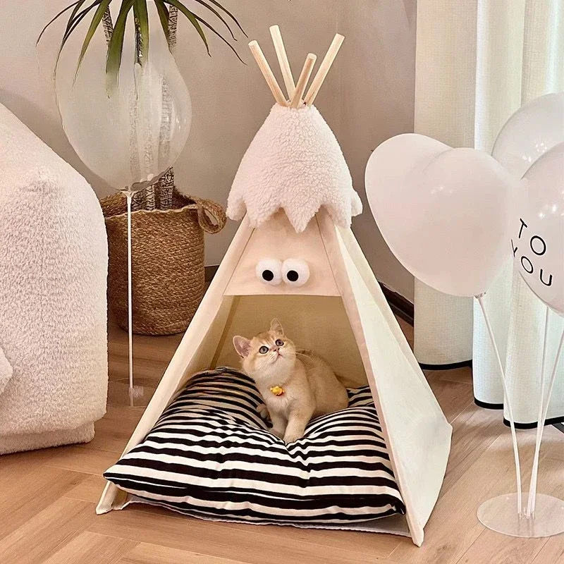 Pet Cat House Winter Tent Warm Soft Kennel Mat Detachable Washable Pet Products Beds Mats Cute Accessories Wooden Support Tent